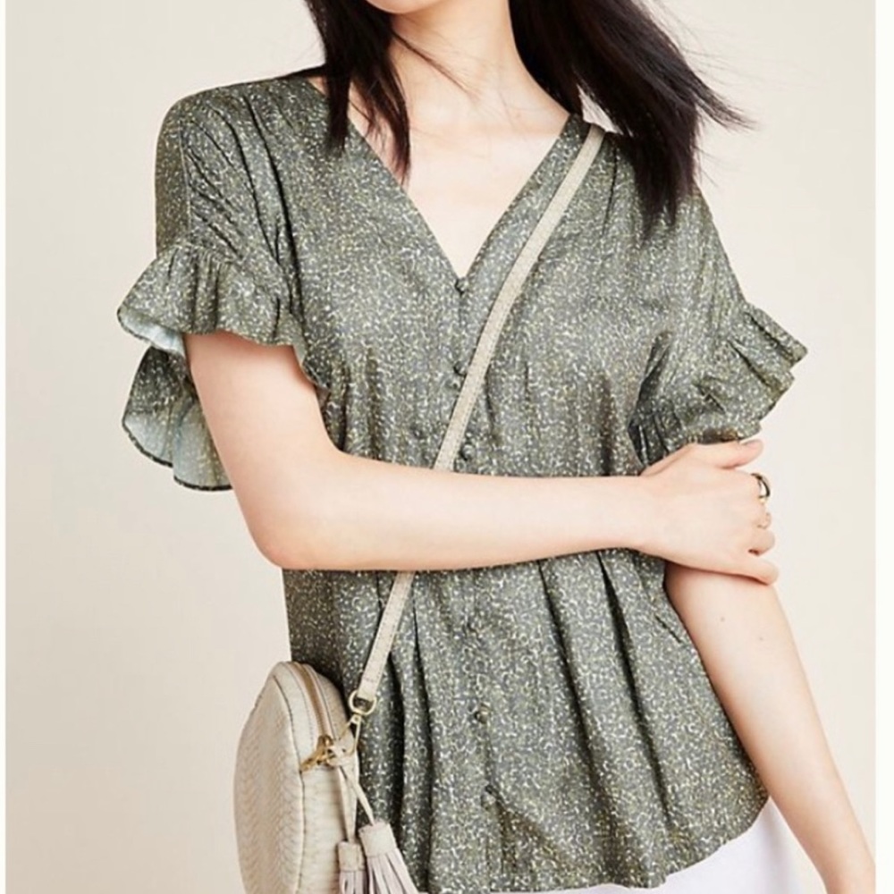 Anthropologie Womens Leopard Print Top Mitzi Dolan Boho Large Stretch Green